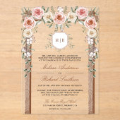 ウッド素朴フローラモノグラムクレストキャノピー結婚ズ アクリル招待状 (正面)
