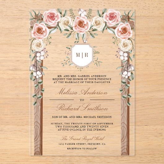 ウッド素朴フローラモノグラムクレストキャノピー結婚ズ アクリル招待状 (正面)