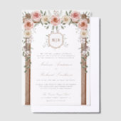 ウッド素朴フローラモノグラムクレストキャノピー結婚ズ ベラム紙招待状 (オフセット)