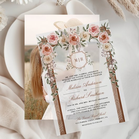 ウッド素朴フローラモノグラムクレストキャノピー結婚ズ ベラム紙招待状