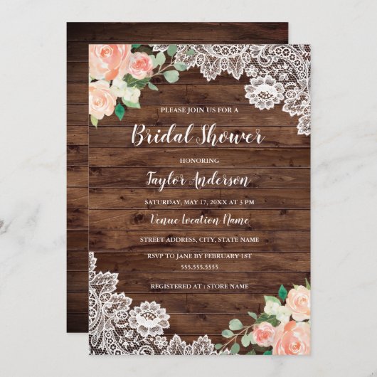 ウッド素朴フローラレースブライダルシャワー招待 招待状 (正面/裏面)