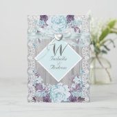 ウッド素朴フローラ結婚ズホワイトレースティール(緑がかった色)ブルー 招待状 (スタンド正面)