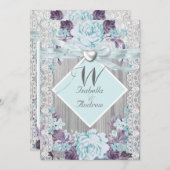 ウッド素朴フローラ結婚ズホワイトレースティール(緑がかった色)ブルー 招待状 (正面/裏面)