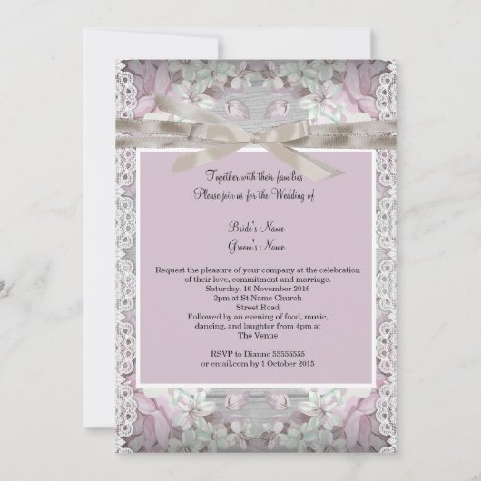 ウッド素朴フローラ結婚ズホワイトレースピンク 招待状 (裏面)