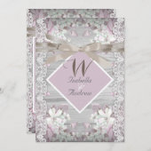 ウッド素朴フローラ結婚ズホワイトレースピンク 招待状 (正面/裏面)