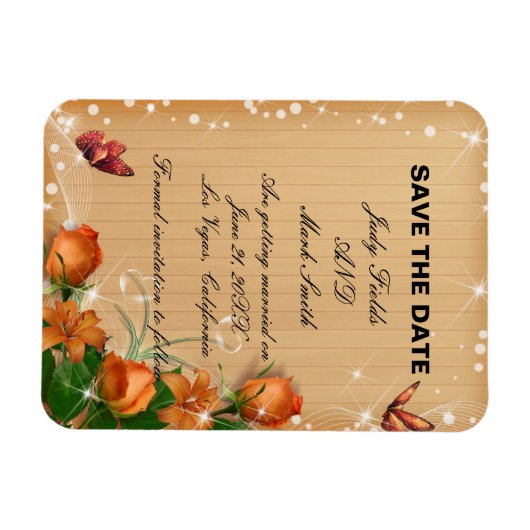 ウッド素朴フローラ蝶の結婚式の日付を保存 マグネット (横)