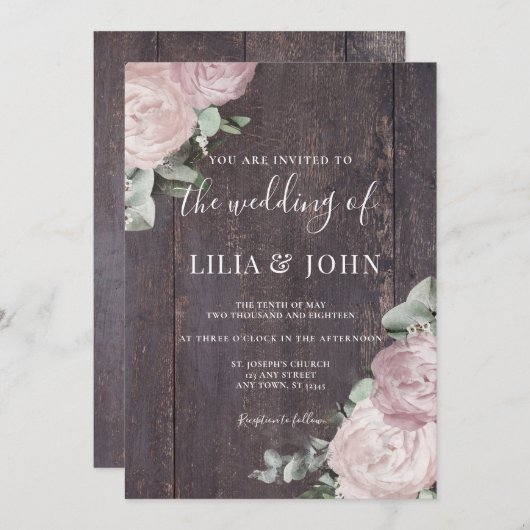 ウッド素朴フローラ赤面ほこりっぽいバラ結婚ズ 招待状 (正面/裏面)