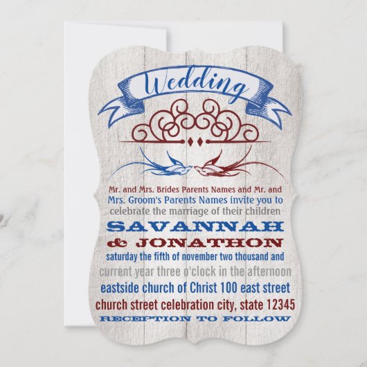 ウッド素朴ブルガンディーブルーヴィンテージラブバード結婚ズ 招待状 (正面)