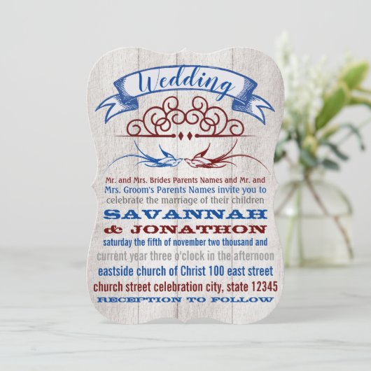 ウッド素朴ブルガンディーブルーヴィンテージラブバード結婚ズ 招待状 (スタンド正面)