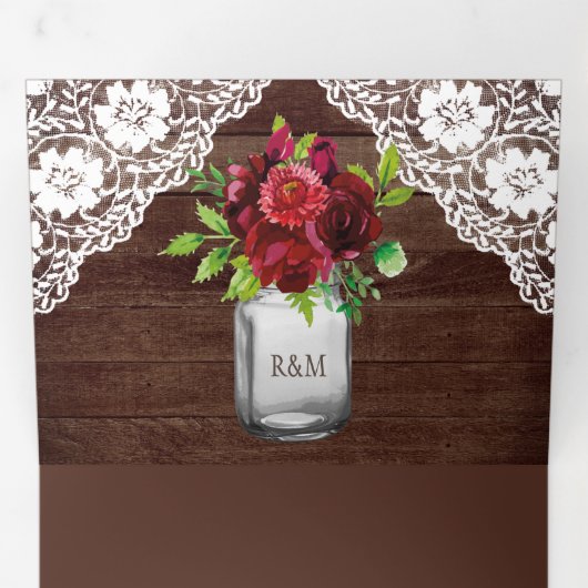 ウッド素朴ブルゴーニュフローラメイスンジャールレース結婚ズ 三つ折り招待状 (内部最初)