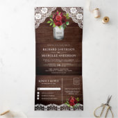 ウッド素朴ブルゴーニュフローラメイスンジャールレース結婚ズ 三つ折り招待状 (内部)