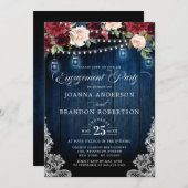 ウッド素朴ブルゴーニュフローラメイスンジャー婚約 招待状 (正面/裏面)