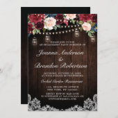 ウッド素朴ブルゴーニュフローラメイスンジャー婚約 招待状 (正面/裏面)