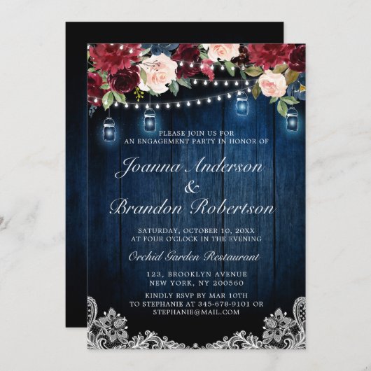 ウッド素朴ブルゴーニュフローラメイスンジャー婚約 招待状 (正面/裏面)