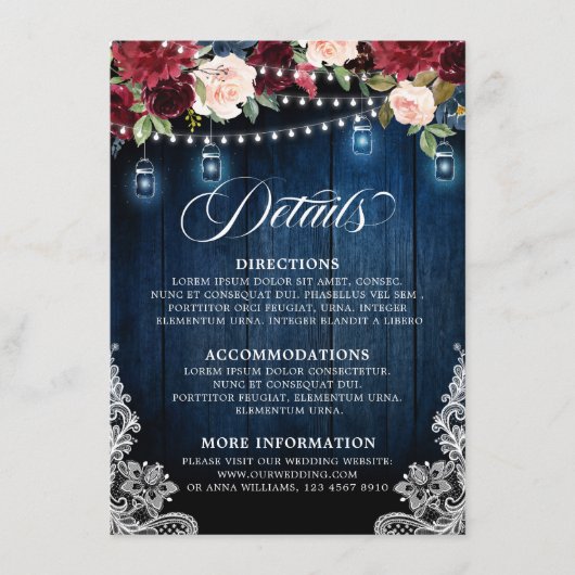 ウッド素朴ブルゴーニュフローラメイスンジャー結婚ズ エンクロージャーカード (正面)