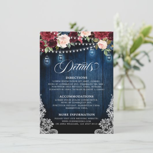 ウッド素朴ブルゴーニュフローラメイスンジャー結婚ズ エンクロージャーカード (スタンド正面)