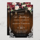 ウッド素朴ブルゴーニュフローラメイスンジャー結婚ズ 招待状 (正面/裏面)