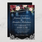 ウッド素朴ブルゴーニュフローラメイスンジャー結婚ズ 招待状 (正面/裏面)