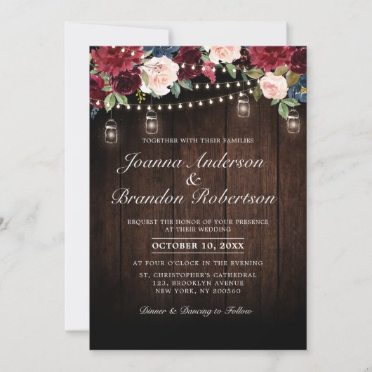 ウッド素朴ブルゴーニュフローラメイスンジャー結婚ズ 招待状 (正面)