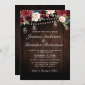 ウッド素朴ブルゴーニュフローラメイスンジャー結婚ズ 招待状 (正面/裏面)