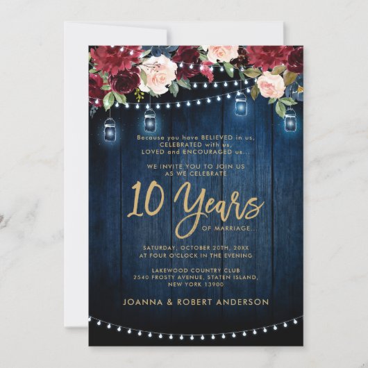 ウッド素朴ブルゴーニュフローラメイスンジャー結婚ズ 招待状 (正面)