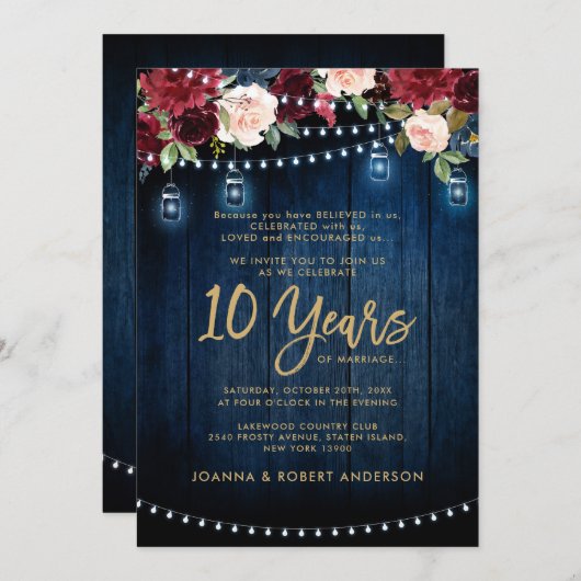 ウッド素朴ブルゴーニュフローラメイスンジャー結婚ズ 招待状 (正面/裏面)