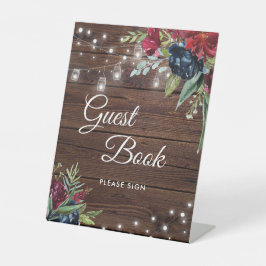 ウッド素朴ブルゴーニュフローラライツゲストブックサイン 台座サイン