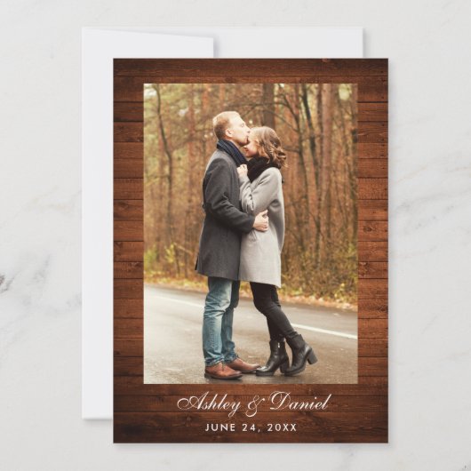 ウッド素朴ブルゴーニュフローラライト写真結婚の 招待状 (裏面)