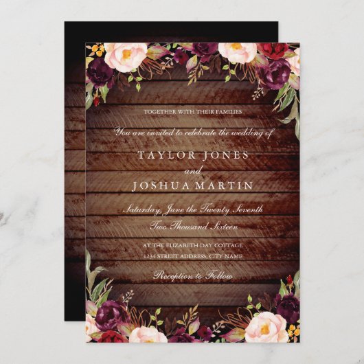 ウッド素朴ブルゴーニュフローラ結婚式招待状 招待状 (正面/裏面)