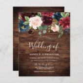 ウッド素朴ブルゴーニュ赤の予算の結婚式の招待 (正面/裏面)