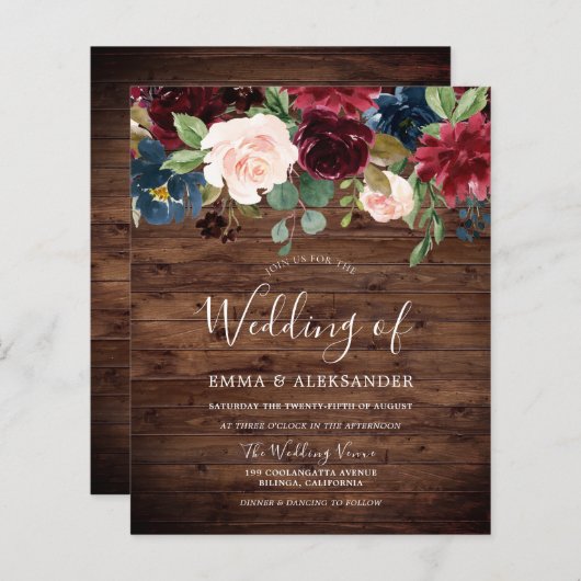 ウッド素朴ブルゴーニュ赤の予算の結婚式の招待 (正面/裏面)