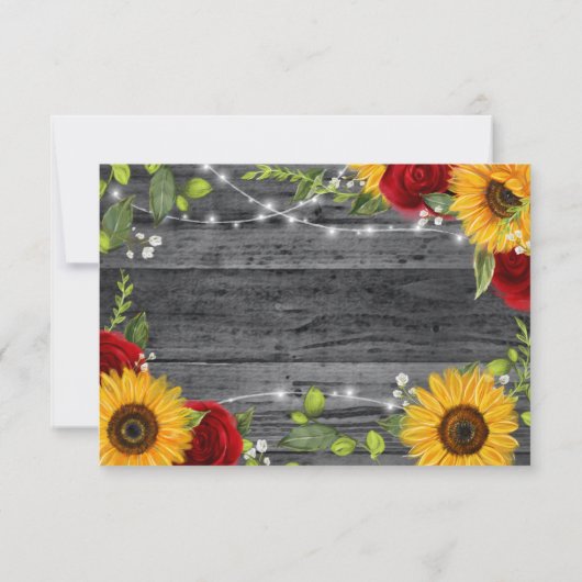 ウッド素朴ブルゴーニュ赤バラひまわり結婚の 出欠カード (裏面)