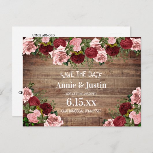 ウッド素朴ブルゴーニュ赤面ピンクフローラ救日付 ポストカード (正面/裏面)