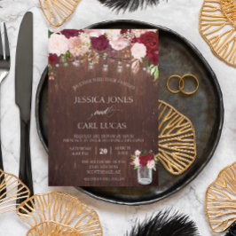 ウッド素朴ブルゴーニュ赤面ピンクローズメイソンジャー 招待状