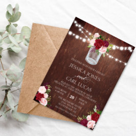 ウッド素朴ブルゴーニュ赤面ピンクローズメイソンジャー 招待状