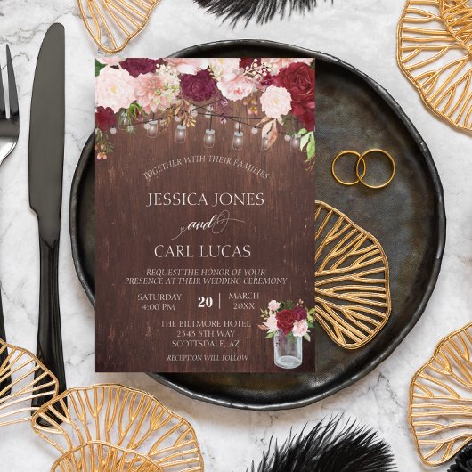 ウッド素朴ブルゴーニュ赤面ピンクローズメイソンジャー 招待状