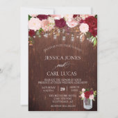 ウッド素朴ブルゴーニュ赤面ピンクローズメイソンジャー 招待状 (正面)