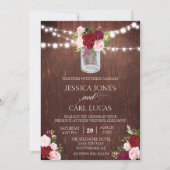 ウッド素朴ブルゴーニュ赤面ピンクローズメイソンジャー 招待状 (正面)