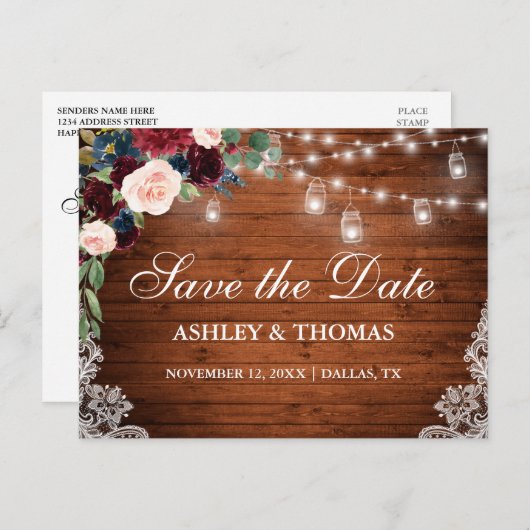 ウッド素朴ブルゴーニュ青フローラ保存日 案内ポストカード (正面/裏面)