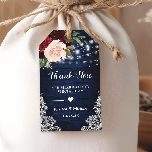 ウッド素朴ブルゴーニュ青フローラ結婚ズ・サンキュー ギフトタグ