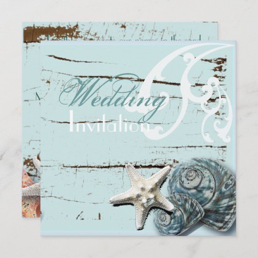 ウッド素朴ブルーシーシェルコーストビーチ結婚式 招待状 (正面/裏面)