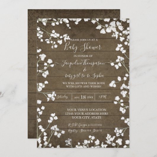 ウッド素朴ベイビーズブレスフローラベビーガールシャワー 招待状 (正面/裏面)