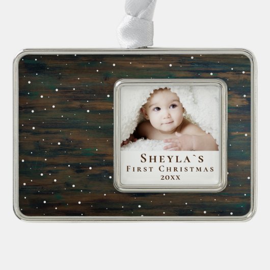 ウッド素朴ベビーの初めてのクリスマス写真 シルバープレートフレームオーナメント (正面)