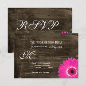ウッド素朴ホットピンクデイジーウェディングRSVPカード 出欠カード (正面/裏面)