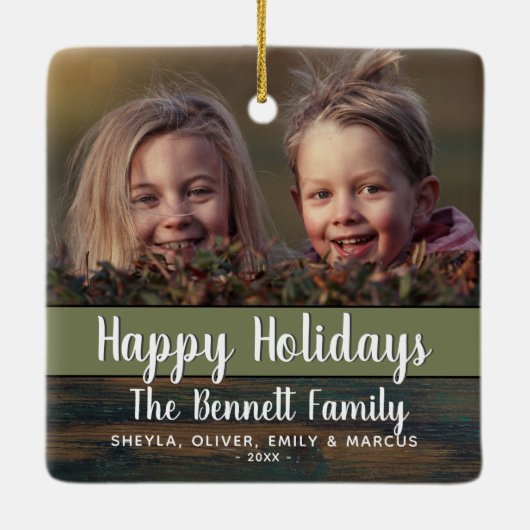 ウッド素朴ホリデーカスタムファミリーフォト セラミックオーナメント (裏面)