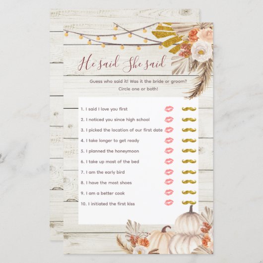 ウッド素朴ホワイトクリーム彼は彼女はゲームカードと言った (正面/裏面)