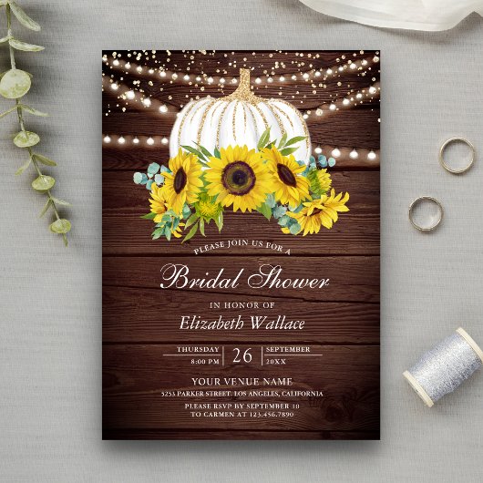 ウッド素朴ホワイトパンプキンサンフラワーズブライダルシャワー 招待状