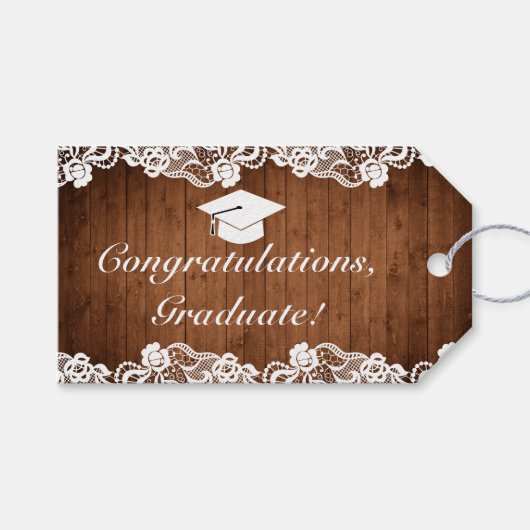 ウッド素朴ホワイトレース卒業おめでとう ギフトタグ (正面(横))