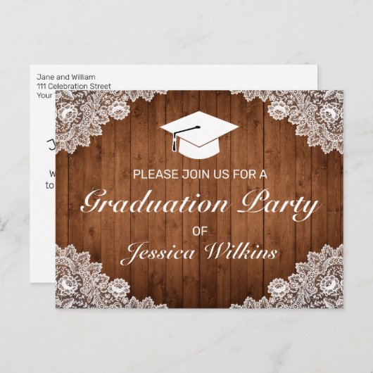 ウッド素朴ホワイトレース卒業パーティー招待状 案内ポストカード (正面/裏面)