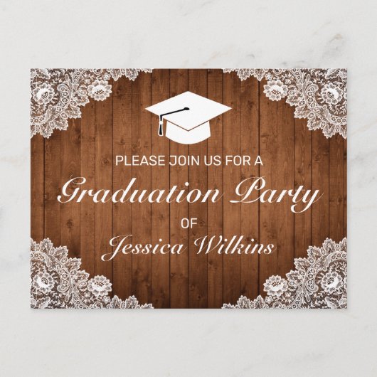 ウッド素朴ホワイトレース卒業パーティー招待状 案内ポストカード (正面)